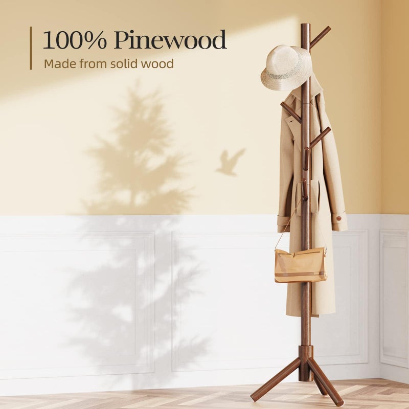 Pipishell Sturdy Wooden Coat Tree with 8 Hooks, 3 Adjustable Sizes for Clothes, Hat Stand Used in Bedroom/Office/Entryway, Brown - Image 3